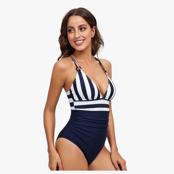 Navy Stripe V Neck Ruching Tummy Control One-Piece Swimsuit Size L NEW - Picture 15 of 16